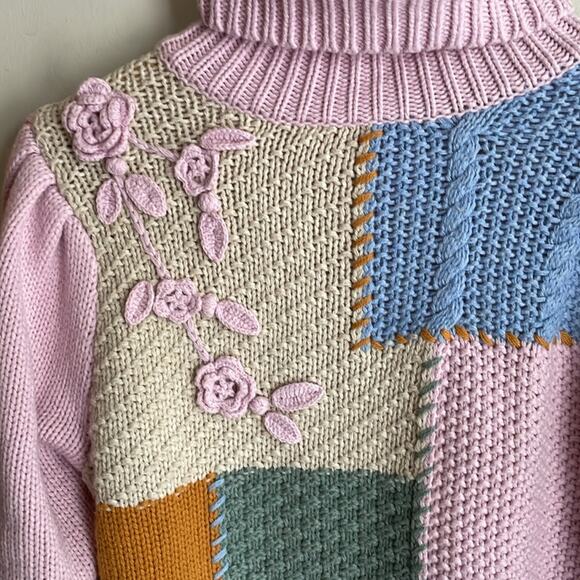 LoveShackFancy Allan Appliquéd Patchwork Knitted  Turtleneck Sweater - Picture 5 of 16